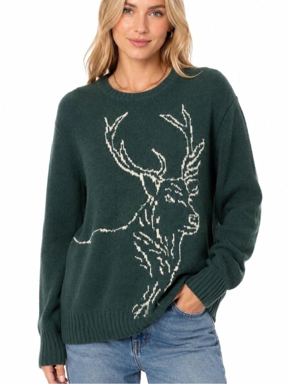 Old Navy Forest Green Crewneck Deer Intarsia Sweater